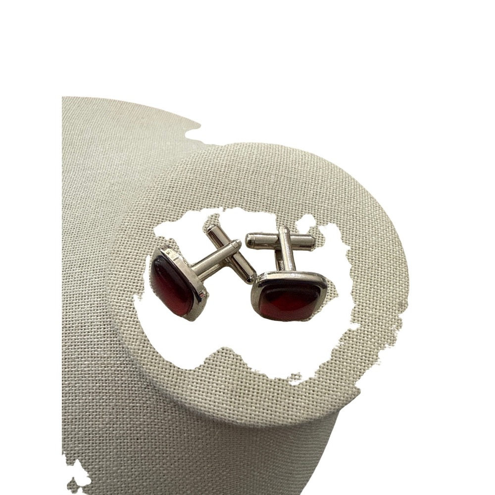 Mens Silver Tone Ruby Red Square Cabochon Bullet Back Cufflinks Formal Accessory